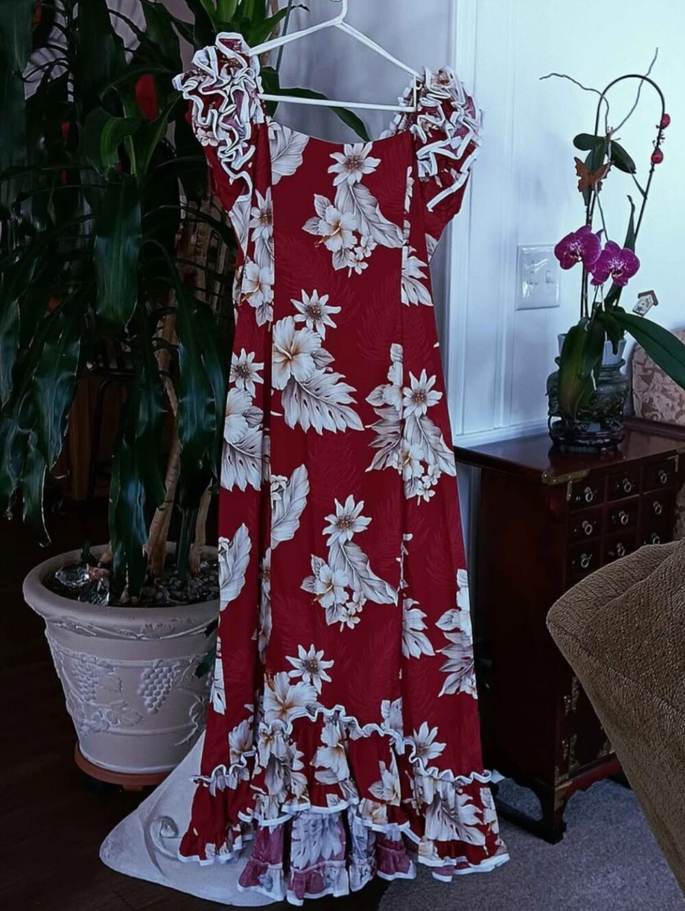 Vintage Pacific Legend Red Floral Ruffle Maxi Hawaiian Dress